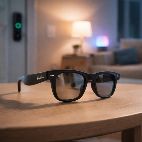 Ray-Ban Meta smart glasses on a wooden table in a modern living room with smart lighting and a smart lock in the background, illustrating smart home control potential.