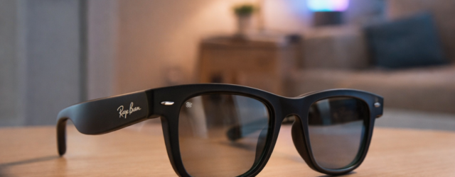 Ray-Ban Meta smart glasses on a wooden table in a modern living room with smart lighting and a smart lock in the background, illustrating smart home control potential.