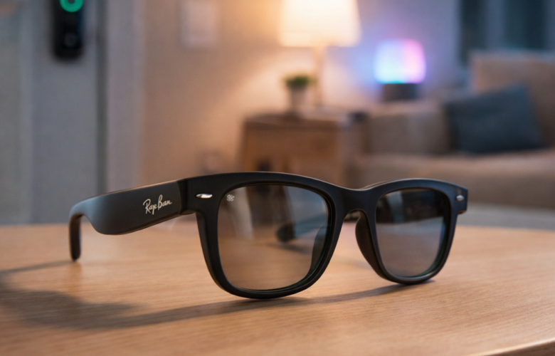 Ray-Ban Meta smart glasses on a wooden table in a modern living room with smart lighting and a smart lock in the background, illustrating smart home control potential.