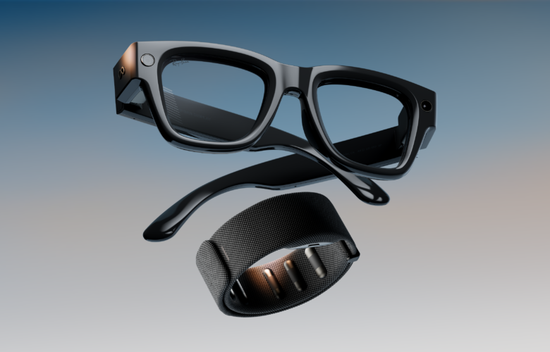 Meta Ray-Ban smart glasses and Meta Neural Band wristband demonstrating EMG neural interface accessibility technology.