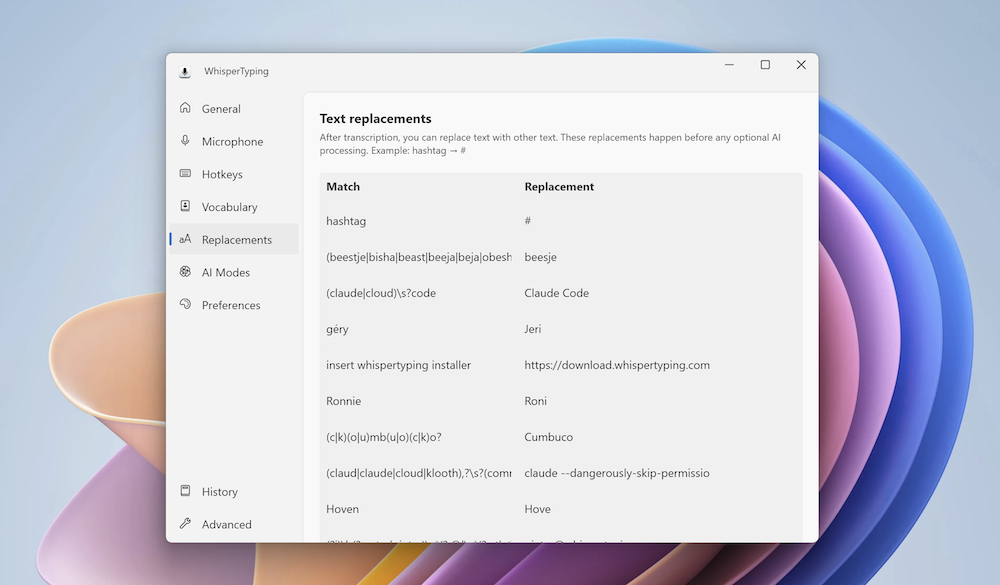 WhisperTyping review: Windows app showing text replacement settings with custom spoken aliases and structured output.