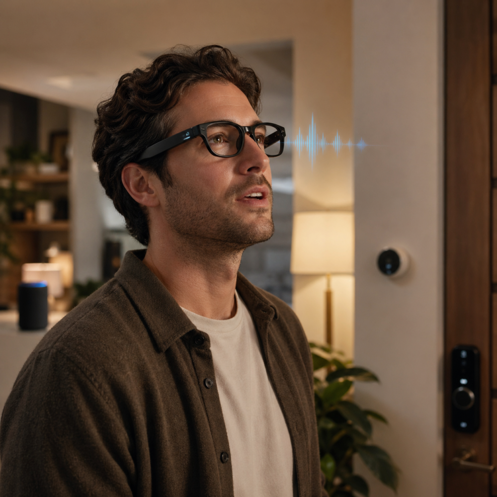 Apple smart glasses being used for voice-first smart home control, with a person wearing smart glasses near a smart lock, lamp and speaker.
