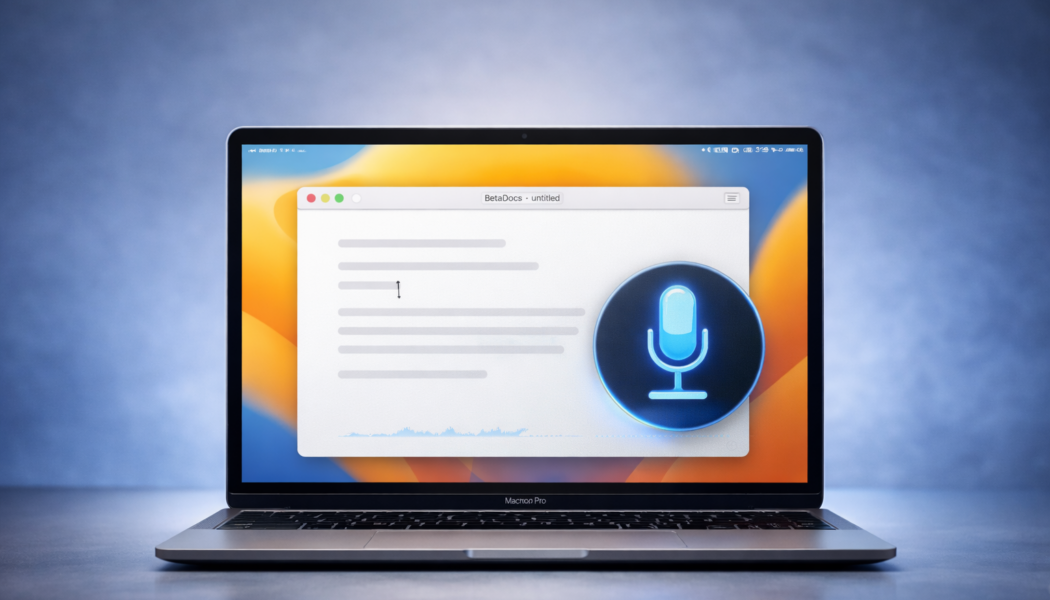 Featured image showing a MacBook with Voice Control on screen after Apple fixed the new line and new paragraph bugs in macOS 26.4.1