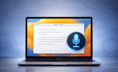 Featured image showing a MacBook with Voice Control on screen after Apple fixed the new line and new paragraph bugs in macOS 26.4.1
