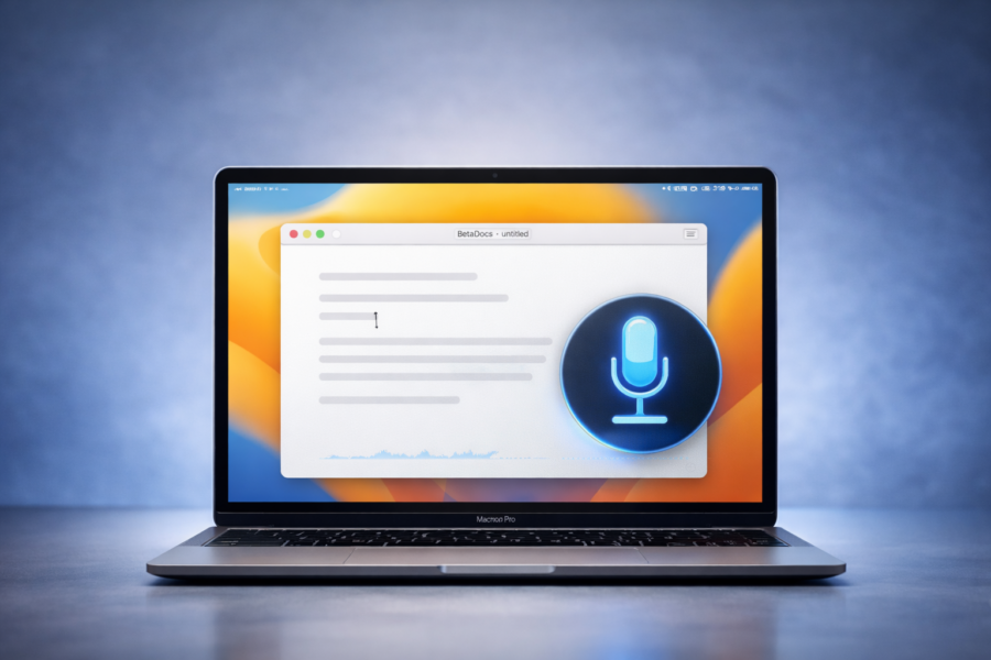 Featured image showing a MacBook with Voice Control on screen after Apple fixed the new line and new paragraph bugs in macOS 26.4.1