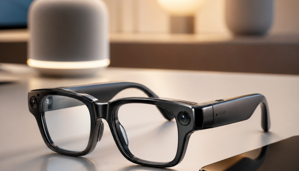 Alt text with focus keyword: Apple smart glasses beside a smartphone on a desk, with a softly lit smart speaker and lamp in the background, suggesting wearable AI and hands-free control.