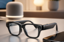 Alt text with focus keyword: Apple smart glasses beside a smartphone on a desk, with a softly lit smart speaker and lamp in the background, suggesting wearable AI and hands-free control.