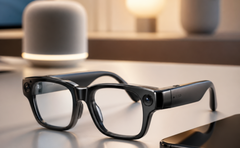 Alt text with focus keyword: Apple smart glasses beside a smartphone on a desk, with a softly lit smart speaker and lamp in the background, suggesting wearable AI and hands-free control.