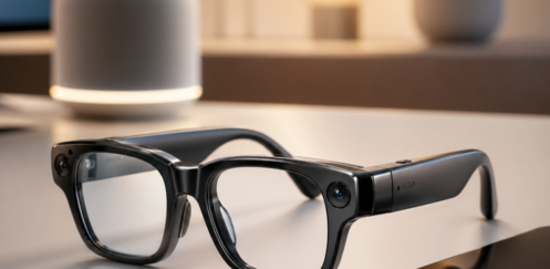 Alt text with focus keyword: Apple smart glasses beside a smartphone on a desk, with a softly lit smart speaker and lamp in the background, suggesting wearable AI and hands-free control.