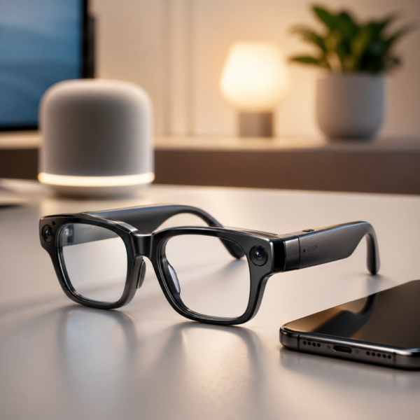 Alt text with focus keyword: Apple smart glasses beside a smartphone on a desk, with a softly lit smart speaker and lamp in the background, suggesting wearable AI and hands-free control.
