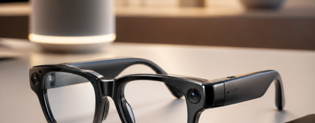 Alt text with focus keyword: Apple smart glasses beside a smartphone on a desk, with a softly lit smart speaker and lamp in the background, suggesting wearable AI and hands-free control.