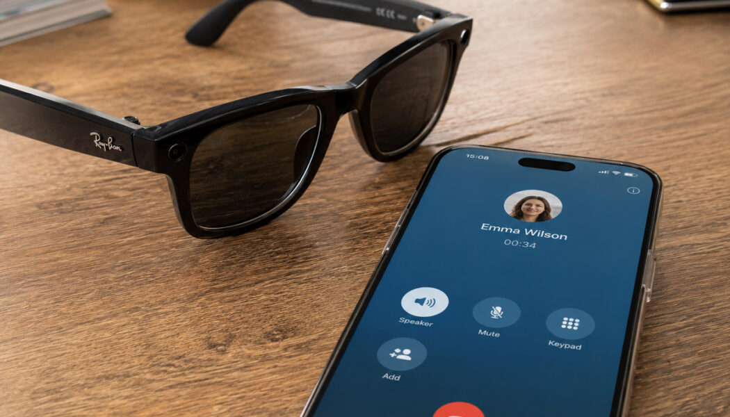 Smart glasses beside a smartphone showing an active call screen with a red end-call button, representing hands-free call controls and accessibility.