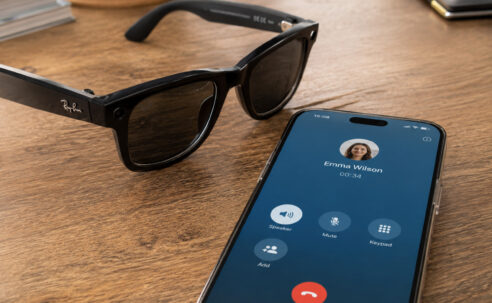 Smart glasses beside a smartphone showing an active call screen with a red end-call button, representing hands-free call controls and accessibility.
