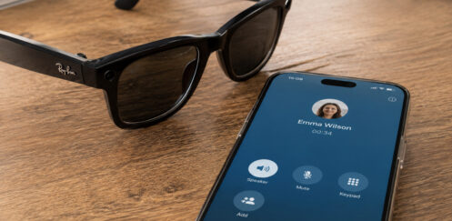Smart glasses beside a smartphone showing an active call screen with a red end-call button, representing hands-free call controls and accessibility.