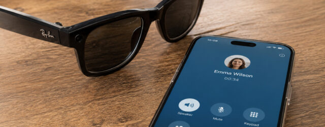 Smart glasses beside a smartphone showing an active call screen with a red end-call button, representing hands-free call controls and accessibility.