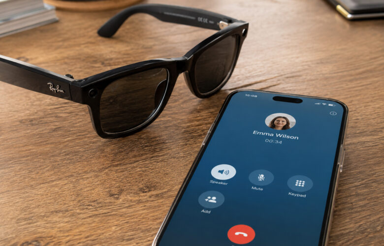 Smart glasses beside a smartphone showing an active call screen with a red end-call button, representing hands-free call controls and accessibility.