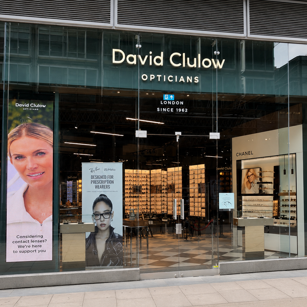 Exterior of the David Clulow opticians branch on Victoria Street in London with a Ray-Ban Meta Blayzer Optics display