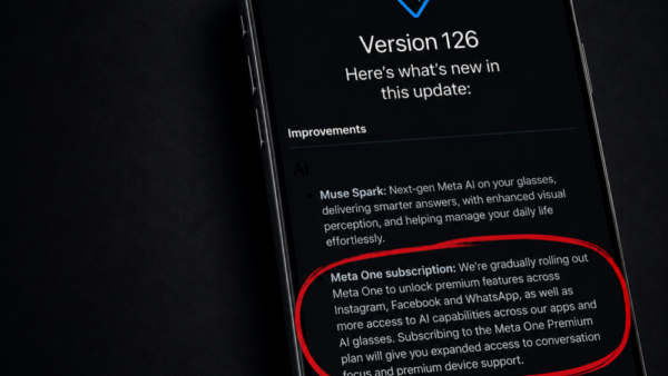 Screenshot-style image of Ray-Ban Meta Version 126 release notes, with the Meta One subscription wording about expanded access to Conversation Focus circled in red.