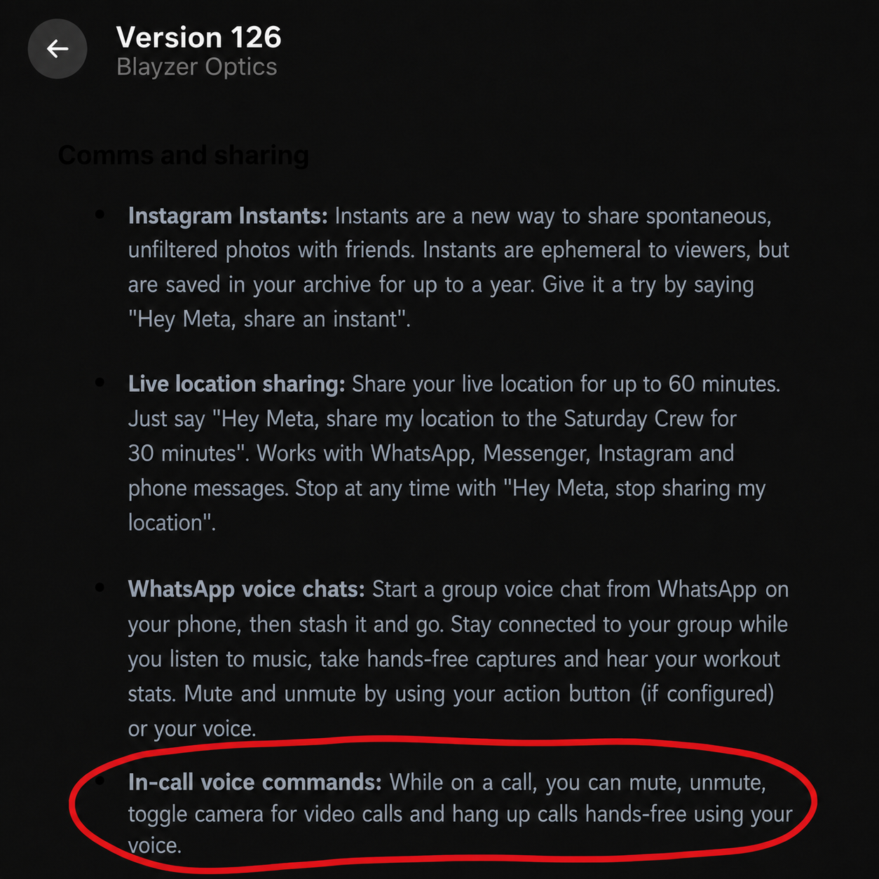 Screenshot-style image of Ray-Ban Meta Version 126 release notes, with the in-call voice commands feature circled in red, including mute, unmute, camera toggle and hands-free hang-up.