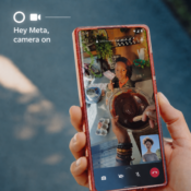 Meta smart glasses call controls shown during a WhatsApp point-of-view video call with the command “Hey Meta, camera on”.