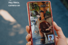 Meta smart glasses call controls shown during a WhatsApp point-of-view video call with the command “Hey Meta, camera on”.