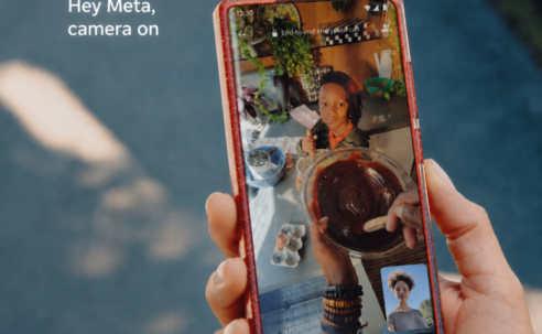 Meta smart glasses call controls shown during a WhatsApp point-of-view video call with the command “Hey Meta, camera on”.