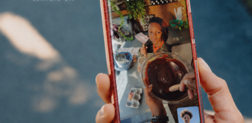 Meta smart glasses call controls shown during a WhatsApp point-of-view video call with the command “Hey Meta, camera on”.