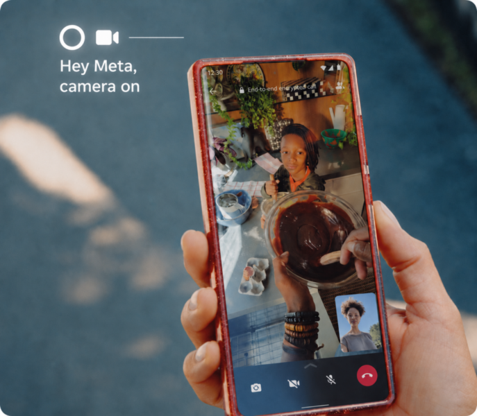 Meta smart glasses call controls shown during a WhatsApp point-of-view video call with the command “Hey Meta, camera on”.