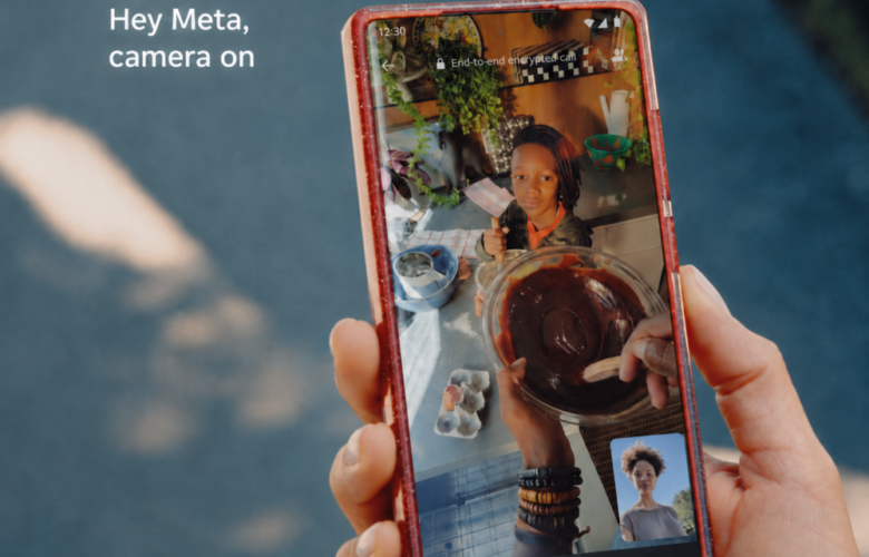 Meta smart glasses call controls shown during a WhatsApp point-of-view video call with the command “Hey Meta, camera on”.