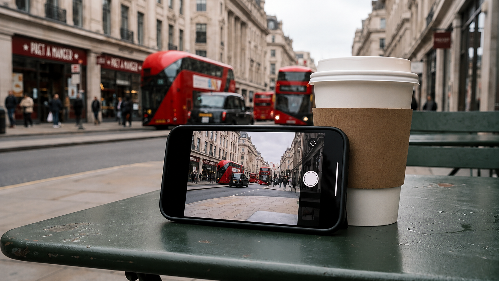 Smartphone propped on a café table with its camera facing a London street.