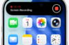 iPhone screen showing an active Screen Recording in the Dynamic Island, with a red stop button and timer.