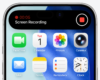 iPhone screen showing an active Screen Recording in the Dynamic Island, with a red stop button and timer.