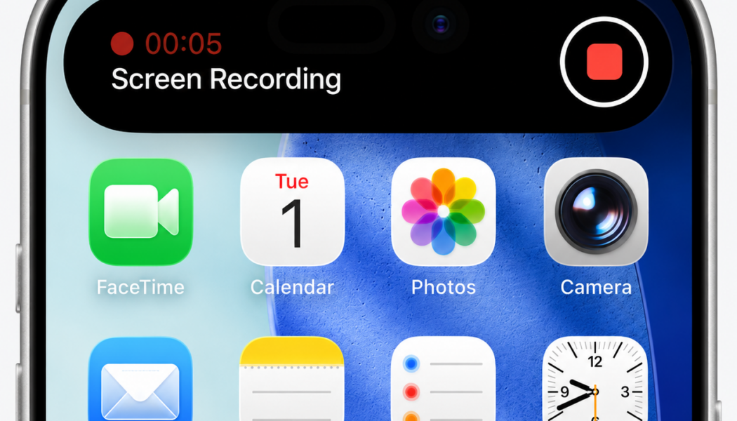 iPhone screen showing an active Screen Recording in the Dynamic Island, with a red stop button and timer.