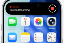 iPhone screen showing an active Screen Recording in the Dynamic Island, with a red stop button and timer.