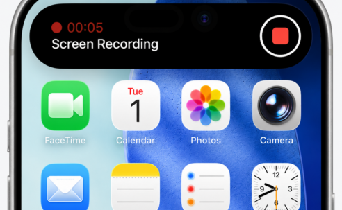 iPhone screen showing an active Screen Recording in the Dynamic Island, with a red stop button and timer.