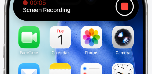 iPhone screen showing an active Screen Recording in the Dynamic Island, with a red stop button and timer.