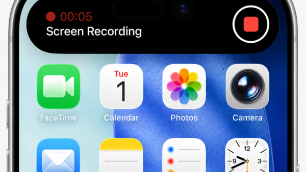 iPhone screen showing an active Screen Recording in the Dynamic Island, with a red stop button and timer.