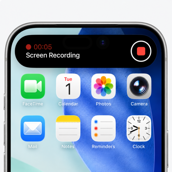iPhone screen showing an active Screen Recording in the Dynamic Island, with a red stop button and timer.