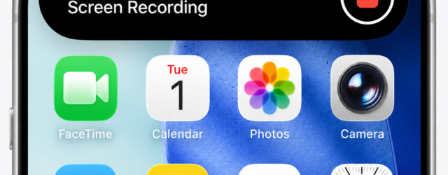 iPhone screen showing an active Screen Recording in the Dynamic Island, with a red stop button and timer.