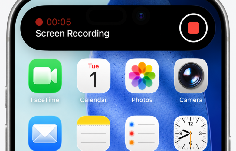 iPhone screen showing an active Screen Recording in the Dynamic Island, with a red stop button and timer.