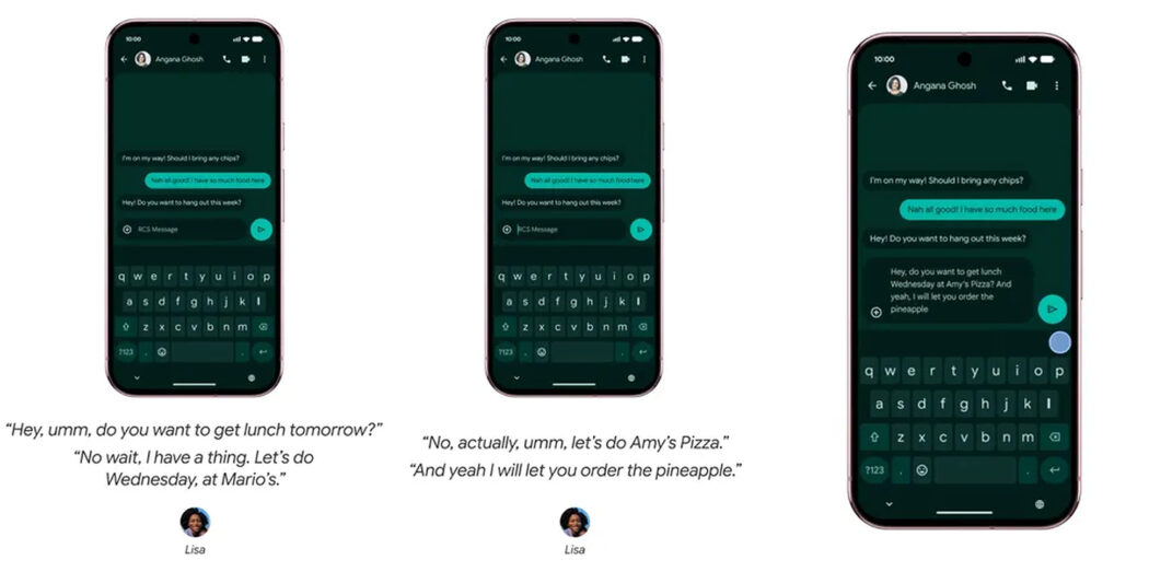 Google Rambler demonstration showing hesitant speech being turned into a clean WhatsApp message on a Pixel phone