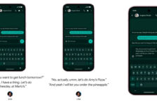 Google Rambler demonstration showing hesitant speech being turned into a clean WhatsApp message on a Pixel phone