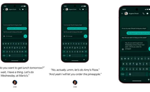 Google Rambler demonstration showing hesitant speech being turned into a clean WhatsApp message on a Pixel phone