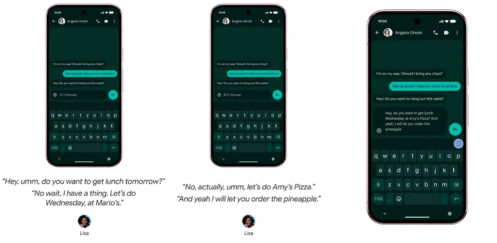 Google Rambler demonstration showing hesitant speech being turned into a clean WhatsApp message on a Pixel phone