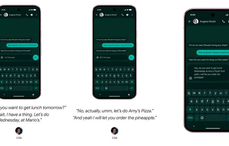 Google Rambler demonstration showing hesitant speech being turned into a clean WhatsApp message on a Pixel phone