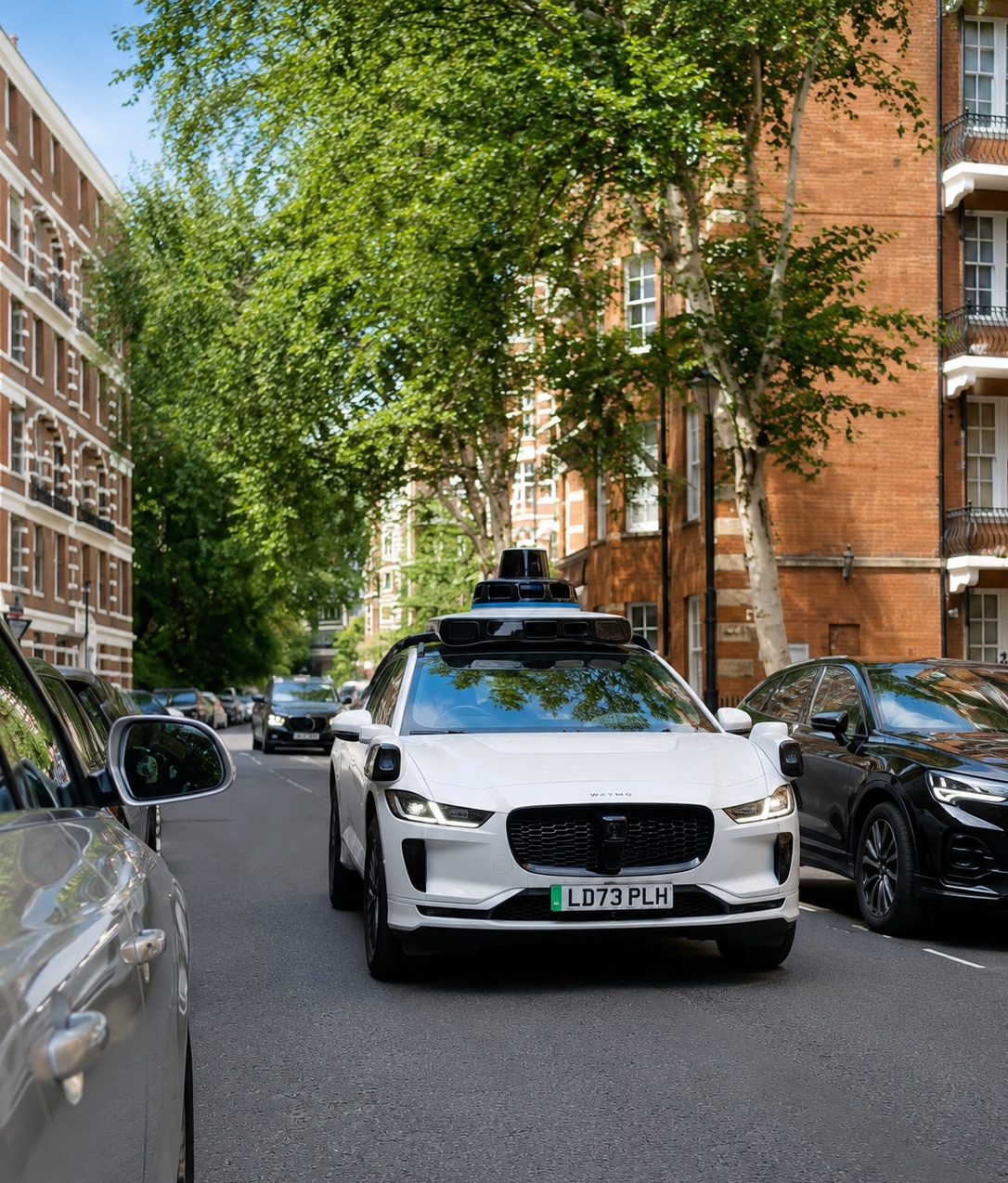Waymo autonomous Jaguar I-PACE test car on a London street.