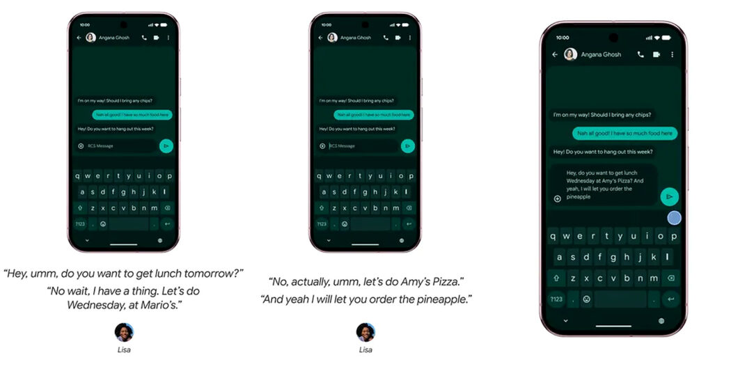 Google Rambler demonstration showing hesitant speech being turned into a clean WhatsApp message on a Pixel phone