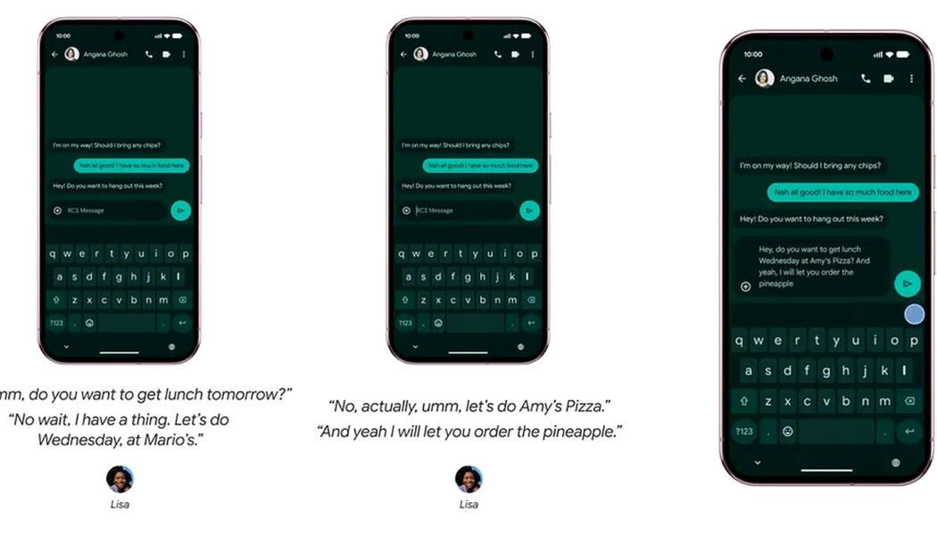 Google Rambler demonstration showing hesitant speech being turned into a clean WhatsApp message on a Pixel phone