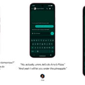 Google Rambler demonstration showing hesitant speech being turned into a clean WhatsApp message on a Pixel phone