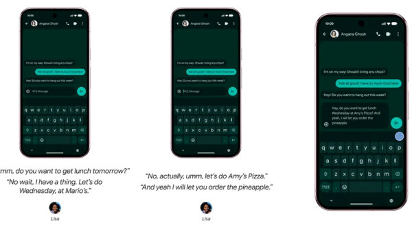 Google Rambler demonstration showing hesitant speech being turned into a clean WhatsApp message on a Pixel phone